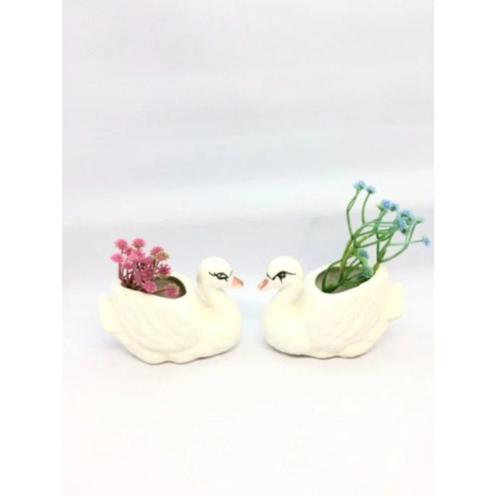 VINTAGE SWAN PLANTERS White Ceramic Pair Made In Japan MCM Bird Figurines